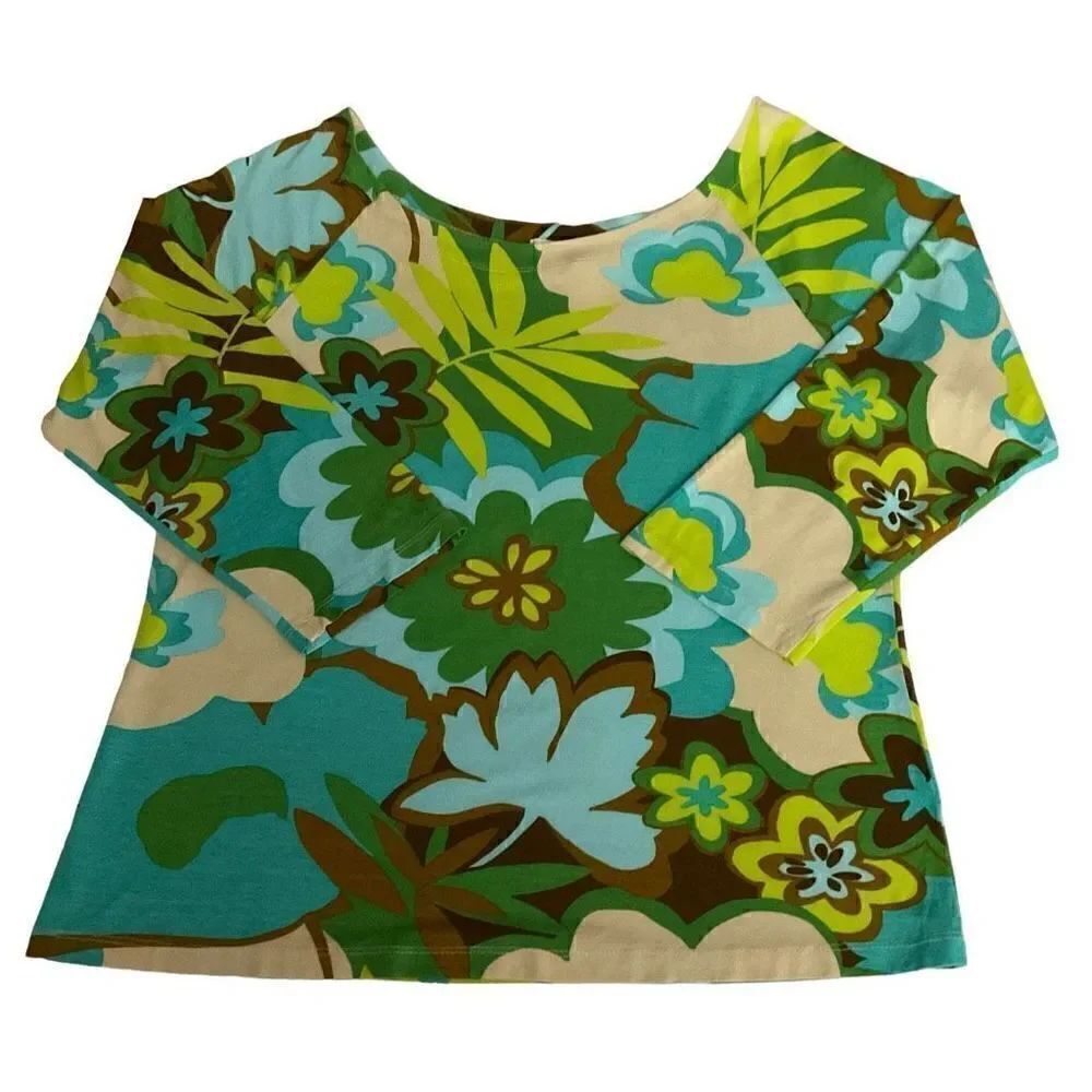Judy Lee Cole Top Scoop Neck Tropical Aqua Green Yellow White Floral Print XL - Picture 7 of 9